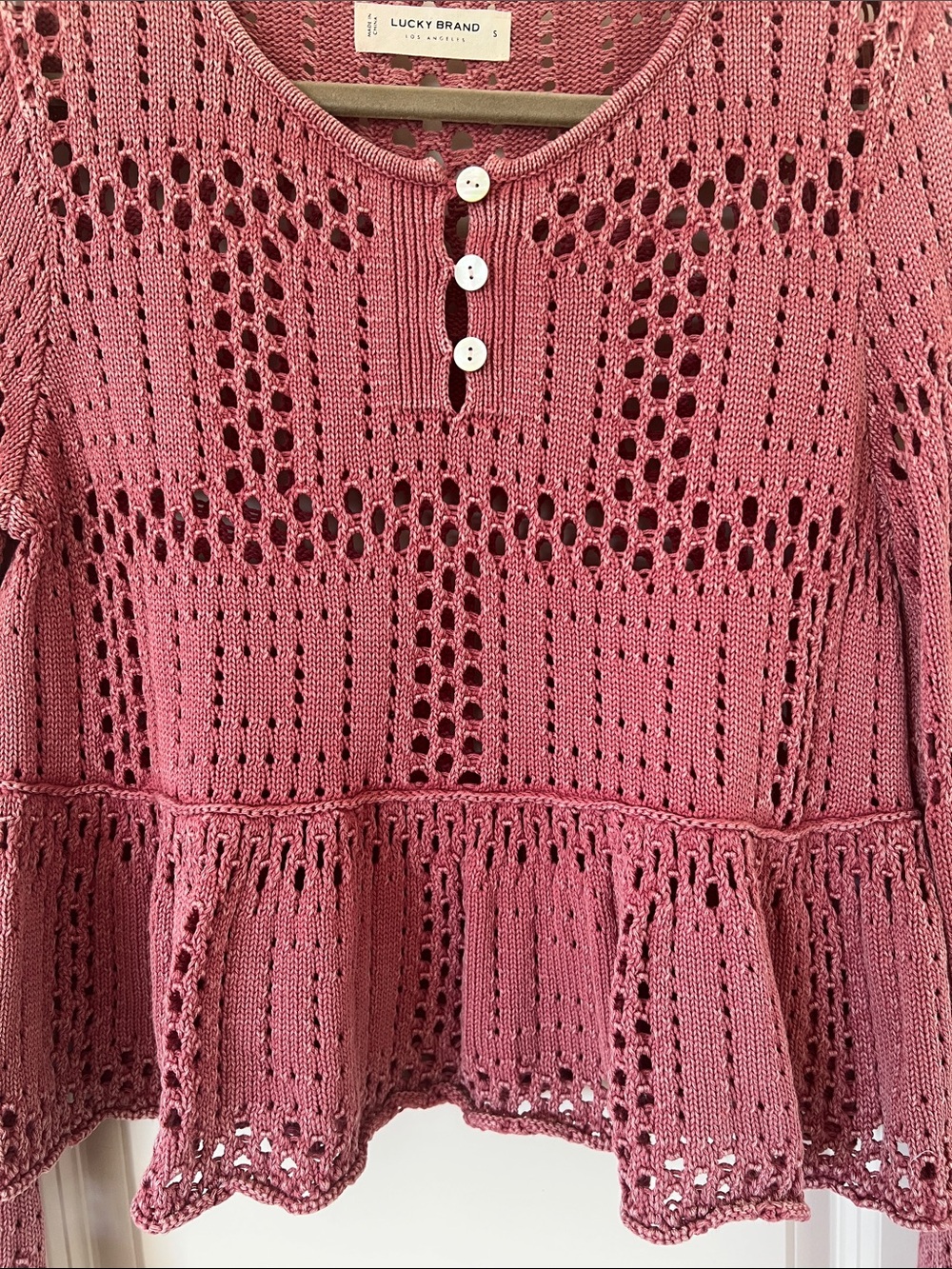 Lucky Brand Mauve Crochet Peplum Henley Long Sleeve Top - Picture 6 of 6